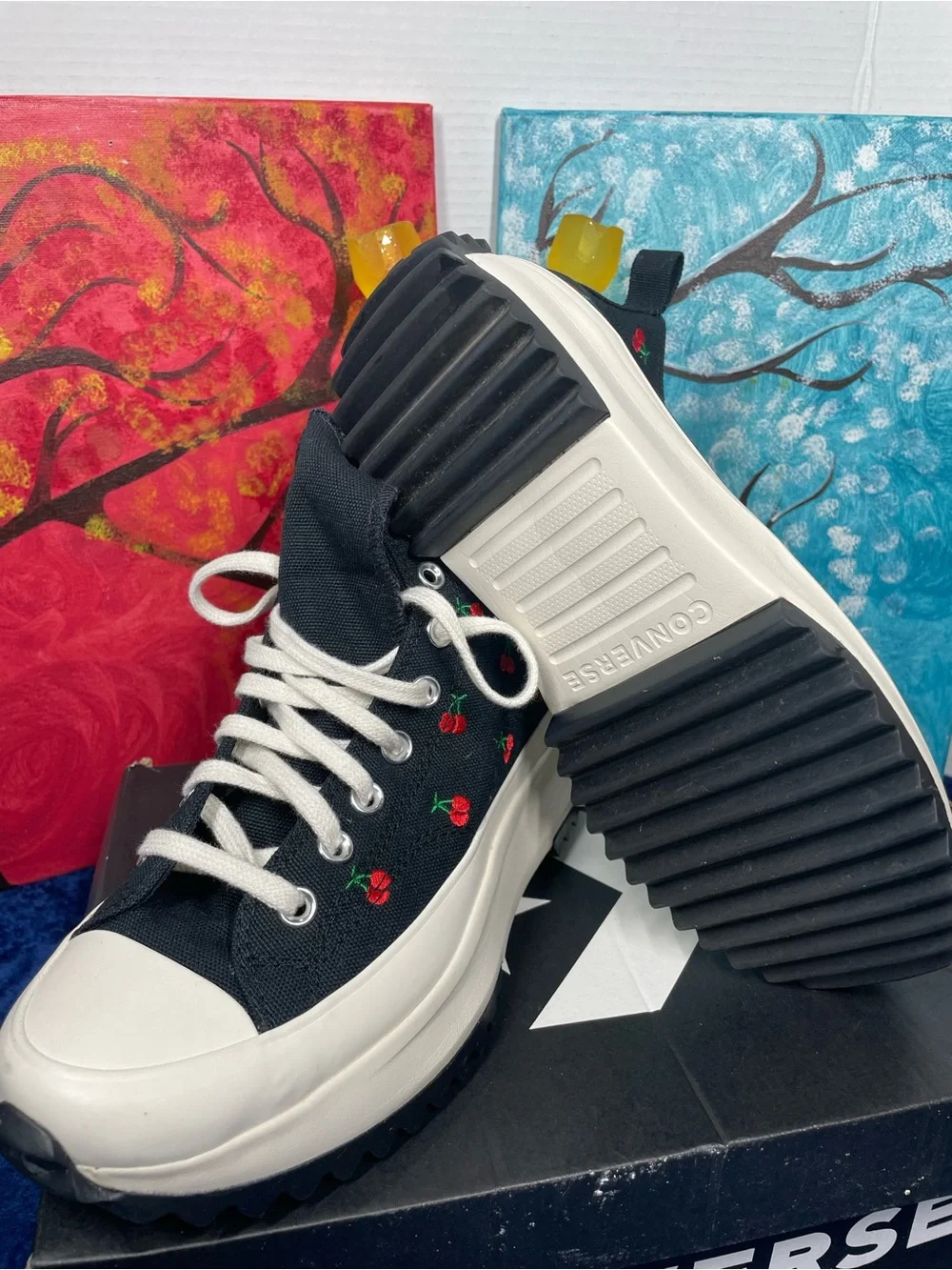 Converse women’s Black High-Top Sneakers size 8.5 with Red Cherry Embroidery.